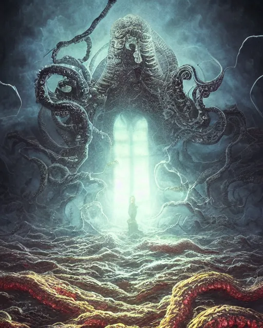 Image similar to the end of time, by kentaro miura, high detail, eldritch, lovecraftian, surreal, cosmic horror, existential dread, volumetric lighting, anxiety, digital artwork, trending on artstation, beautiful artwork, ornate, rococo, psychedelic colorization, influenced by tokio aoyama, influenced by mario martinez