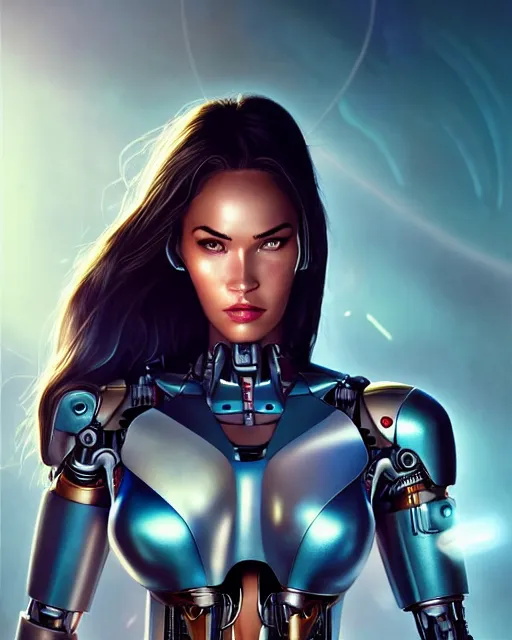 Image similar to weta disney pixar movie still portrait photo of megan fox as cyborg woman by pixar, by weta, wlop, ilya kuvshinov, rossdraws, artgerm, maxim cover, latex, sweaty, iridescent, bright morning, anime, liosh, mucha