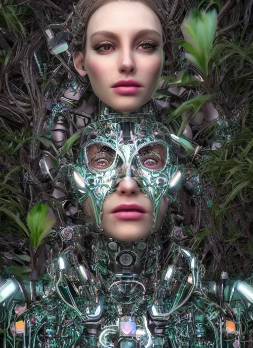 Image similar to beautiful female robot covered by plants and crystals in the mystical forest, beautiful symmetrical face, chrome parts, opal crystals, renaissance style, cyber punk, sci - fi, filigree jewellery, baroque, cinematic light, mystical shadows, 8 k, octane render