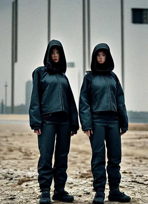 Image similar to cinestill 5 0 d photographic portrait of two caring clones, techwear women on a desolate plain, a brutalist dark metal building in the background, depth of field, 4 k, 8 k, hd, full color