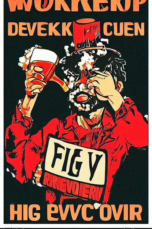 Image similar to worker revolution drinking beer and fried chicken through his head, poster propaganda art style, higly detailed