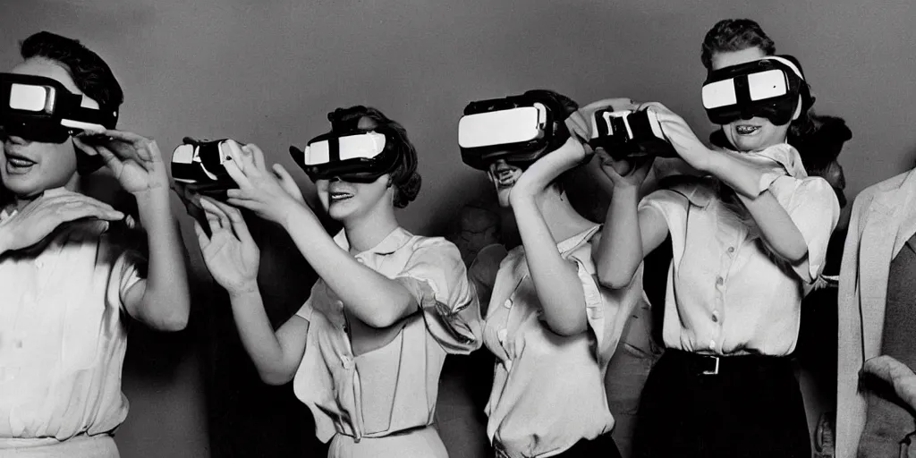 Prompt: people from the 1 9 5 0 s playing with virtual reality goggles, they are in awe, photograph