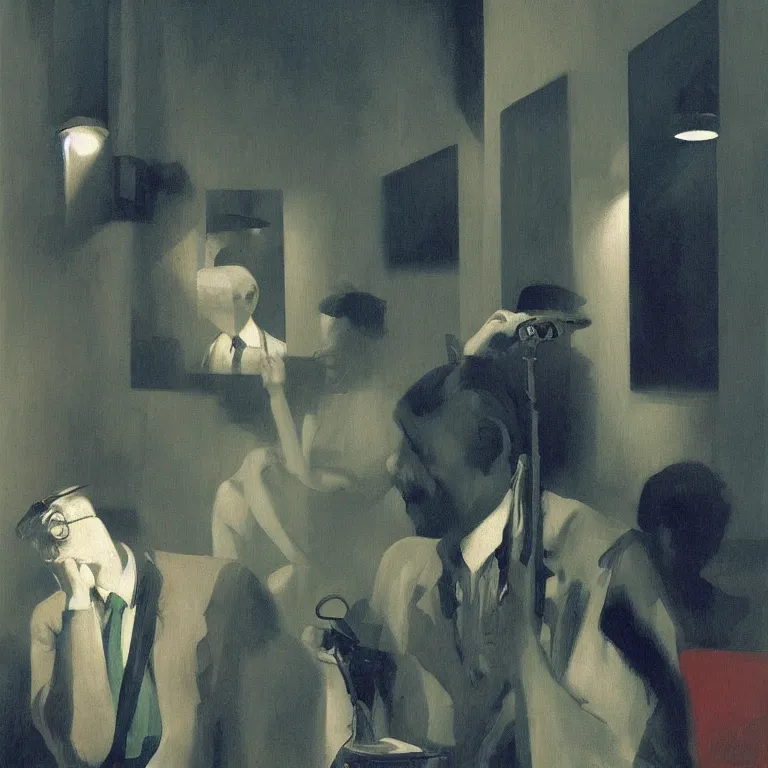 Prompt: i know who I am at the jazz club, Edward Hopper and James Gilleard, Zdzislaw Beksinski, Steven Outram highly detailed