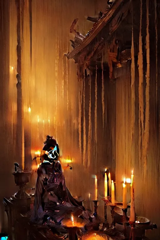 Image similar to dreamy dark hall with candles and dripping wax. beautiful intricately detailed japanese artwork, fantasy art by bayard wu, trending on artstation, camille corot, stephan martiniere