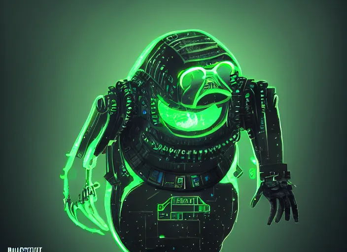 Image similar to cyber penguin fallout 4, glowing green eyes, humanoid body, claws, horror scene, artgerm, rutkowski, tooth wu, beeple, and intricate