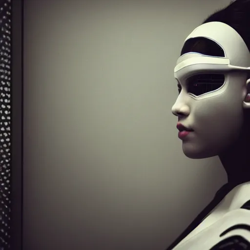 Image similar to a hyper realistic futuristic, minimal, stunningly cyborg tradition geisha photograph, covering face with a intricate sci - fi fan, in a dark futuristic room, metal gear solid, dark moody backlighting, ray tracing, octane render,