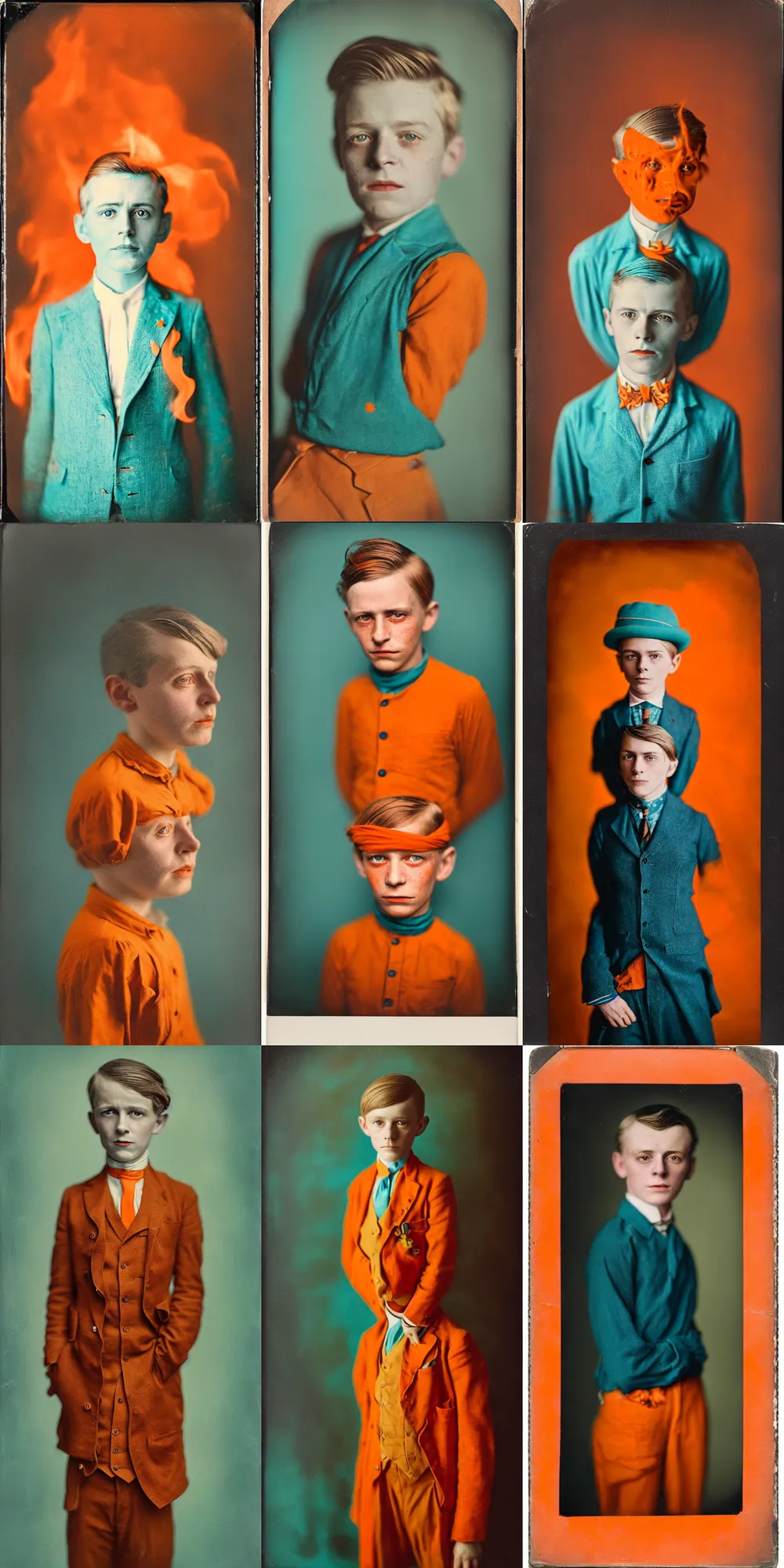 Image similar to kodak portra 4 0 0, wetplate, 8 k, shot of a highly detailed, britt marling style, colour still - life portrait of a lemon looks like a handsome 8 year old boy in hell fire storm, 1 9 2 0 s cloth, 1 9 2 0 s hair, teal and orange, muted coloures