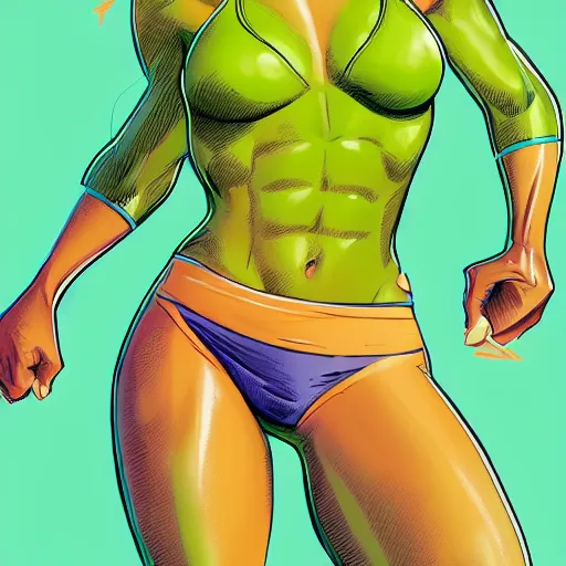 Prompt: Actress Zoe Saldana as She-Hulk, smiling, poster framed, comic pinup style, sports illustrated, detailed legs, artstation, illustration, posterized, Roge Antonio, Jen Bartel