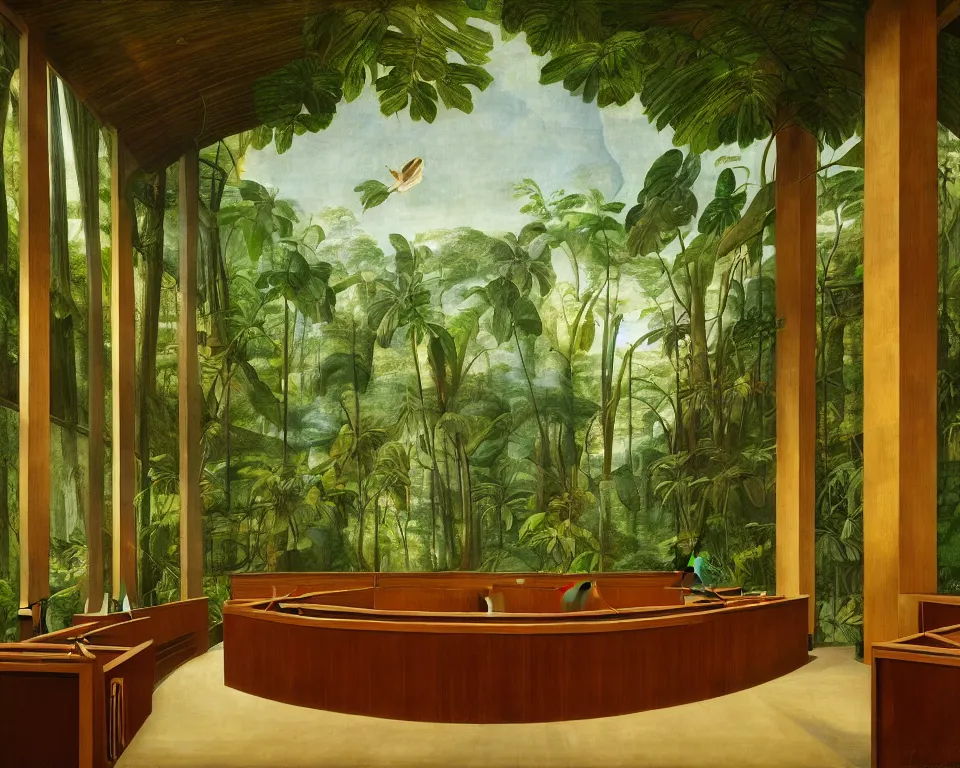 Image similar to a modernist courtroom in the rainforest by raphael and hopper. hyperdetailed, proportional, romantic, enchanting, achingly beautiful, graphic print, trending on artstation, jungle, tropical, foliage