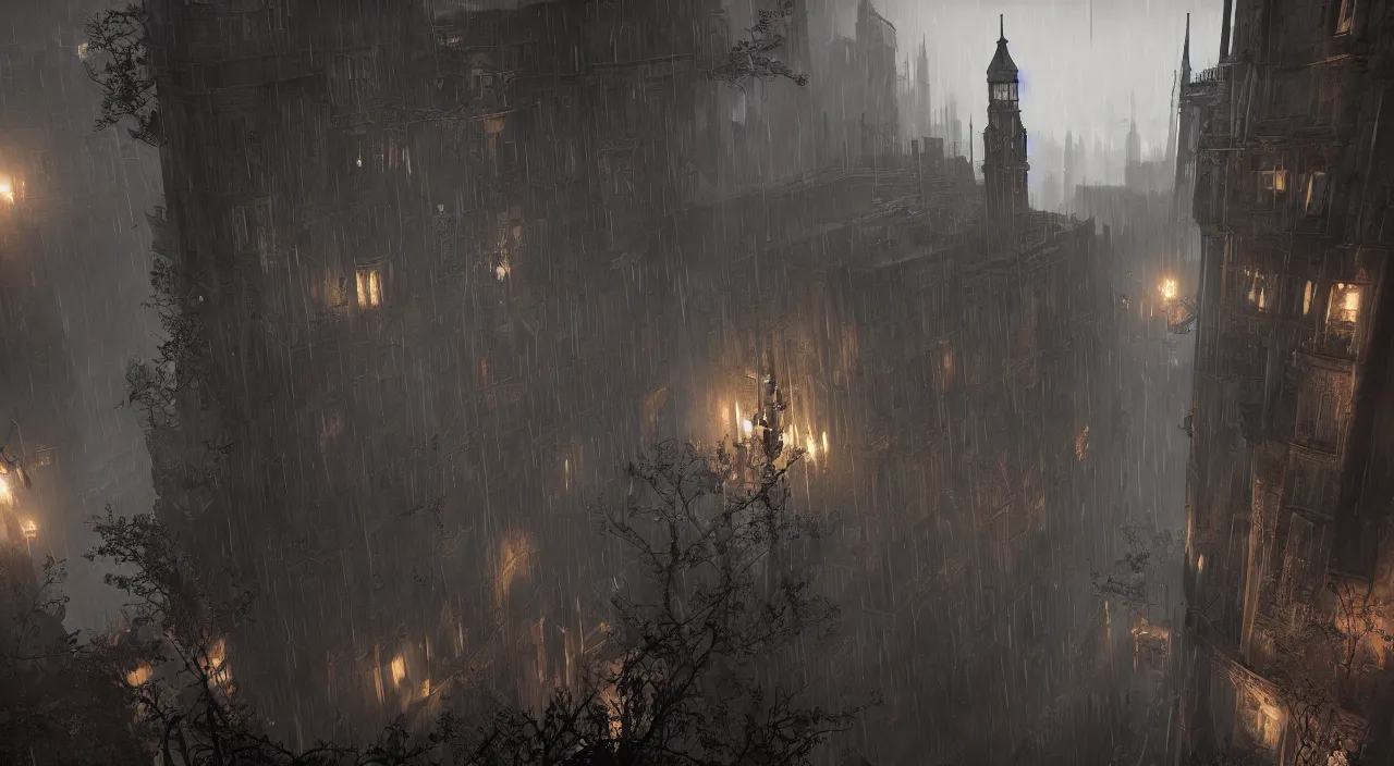 Image similar to dunwall tower, dishonored aesthetic, cinematic lighting, rainy weather, melancholy atmosphere, artstation, dunwall city, gothic architecture, volumetric light, octane render, dishonored game, dishonored 1, atmosphere or depression and despair