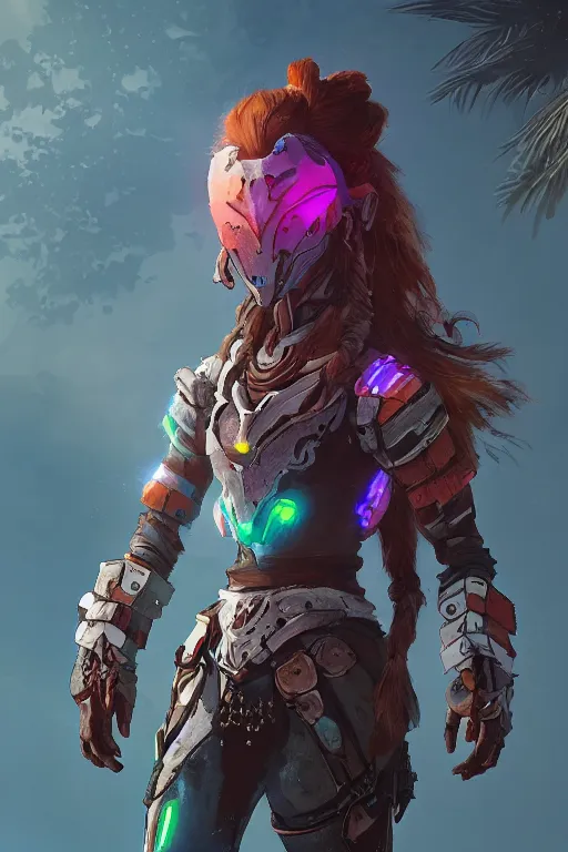 Image similar to combination suit armor aloy horizon forbidden west horizon zero dawn radiating a glowing aura global illumination ray tracing hdr fanart arstation by ian pesty and alena aenami artworks in 4 k tribal robot ninja mask helmet backpack