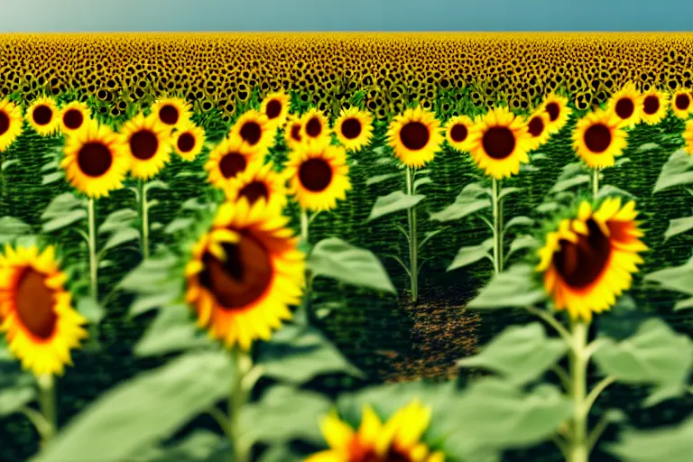 Image similar to a cute little robots at sunflower field. super realistic 8 k render of a elegant, cinematic composition