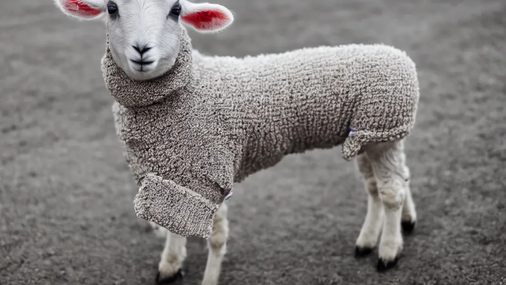 Image similar to lamb wearing a sweater, upper body shot, canon eos r 3, f / 1. 4, iso 2 0 0, 1 / 1 6 0 s, 8 k, raw, unedited, symmetrical balance, in - frame