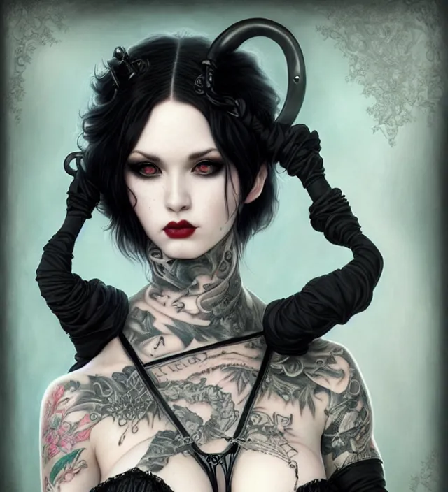 Image similar to two beautiful pale skin white eyed cosplay girls, black hair, fully tattooed body, fishnet corset with choker and whip on hand, symmetrical, beautiful detailed face, masterpiece, artstation contest winner, trending artgerm, paint by tom bagshaw