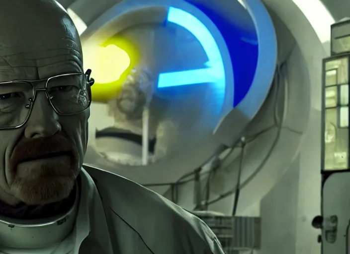 Prompt: film still of Walter White as Gordan Freeman in an underground lab facility wearing a black HEV suit with an orange lambda logo in front with a glowing blue portal in the background in the Half Life Movie, 4k