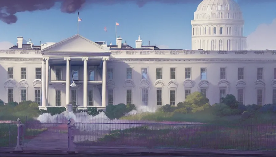 Image similar to A highly detailed matte painting of american huge the white house (((((((((castle))))))))) by Studio Ghibli, Makoto Shinkai, by Artgerm, by WLOP, by Greg Rutkowski, volumetric lighting, octane render, 4K resolution, trending on artstation, masterpiece