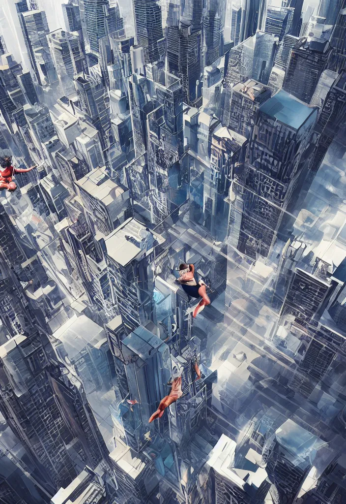 Prompt: multiple people jumping from buildings, futuristic city, street view, detailed, hyper realistic, dramatic