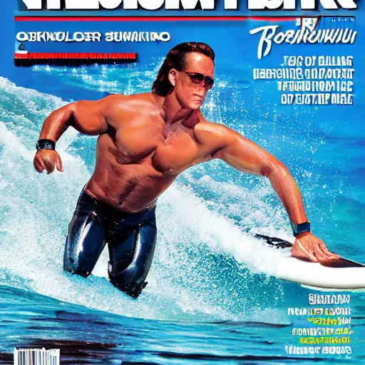 Prompt: terminator surfing in hawaii magazine cover