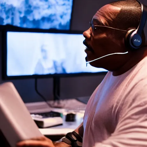 Prompt: obese Eddie Murphy wearing a headset yelling at his monitor while playing WoW highly detailed wide angle lens 10:9 aspect ration award winning photography by David Lynch esoteric erasure head