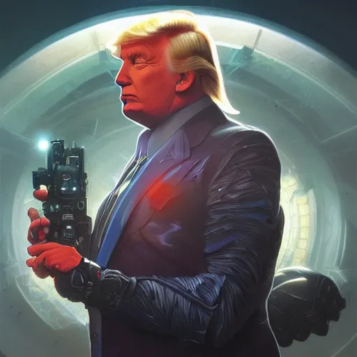 Image similar to cyborg Donald Trump from another dimension, cinematic lighting, intricate, elegant, highly detailed, digital painting, artstation, sharp focus, illustration, art by artgerm and greg rutkowski and alphonse mucha and Wayne Barlowe and william-adolphe bouguereau