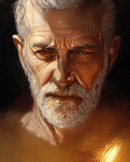 Image similar to An old man looking in a golden mirror, beautiful face, highly detailed face, close-up, fantasy art, male art, in the style of greg rutkowski, illustration, epic, fantasy, intricate, hyper detailed, artstation, concept art, smooth, sharp focus, ray tracing