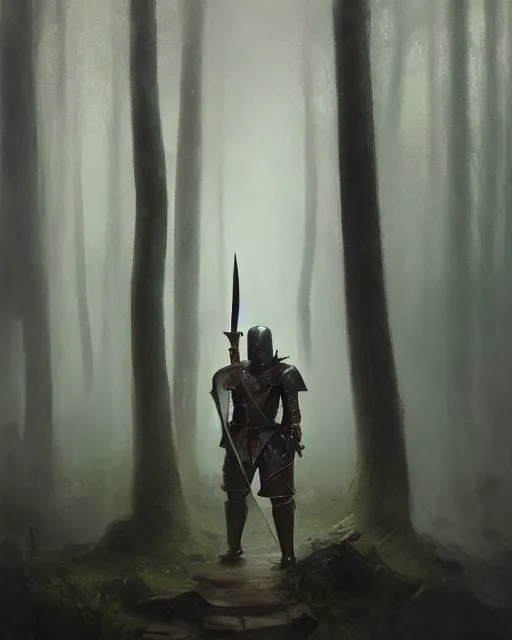 Image similar to Hyper realistic painting of a knight in rusty full plate armor wielding a greatsword, hyper detailed, surrounded by a dark forest, fog, moody, cinematic lighting, dim blue lighting, by greg rutkowski, trending on artstation