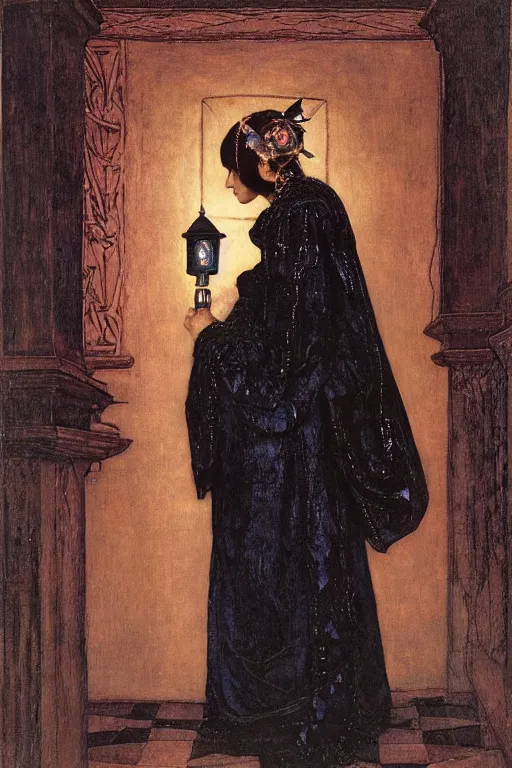 Prompt: portrait of the last goth witch with her lantern and regalia, by Annie Swynnerton and Nicholas Roerich and John Bauer and John William Godward and Donato Giancola and Vermeer, black leather and embroidered velvet, iridescent beetles, rich color, ornate headdress, flowing robes, lost runes, ancient civilizations, dramatic cinematic lighting, featured on Artstation, extremely detailed