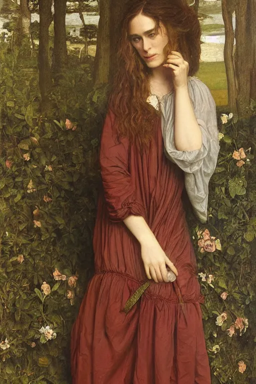 Image similar to a pre raphaelite painting of keira knightley lazily looking at her iphone by dante gabriel rossett