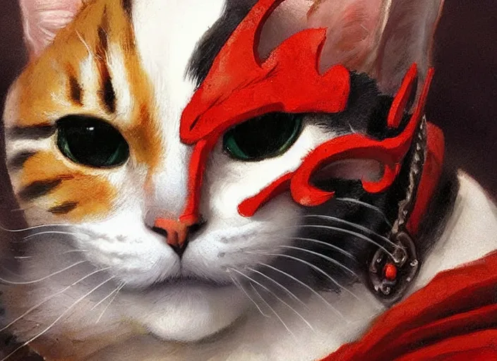 Prompt: a highly detailed beautiful portrait of a cat as kratos, by gregory manchess, james gurney, james jean