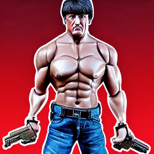 Image similar to advertising print 12 inch full body lifelike action figure of Sylvester Stallone as Rambo. Big muscles. Holding a fully automatic rifle