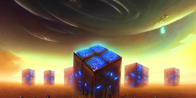 Image similar to a fleet of giant glowing futuristic cubes tied to each other with chains in the sky, a fantasy magical landscape seen in the distance, atmospheric lighting, intricate, volumetric lighting, beautiful, sharp focus, ultra detailed, in the art style of marc simonetti, bowater charlie and brom gerald, astrophotography