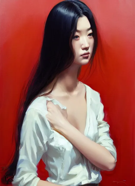 Image similar to oil painting by ilya kuvshinov,, baugh casey, rhads, coby whitmore, of a youthful japanese beauty, long hair, standing holding a outdoors by vending machines, highly detailed, breathtaking face, studio photography, dawn, intense subsurface scattering, blush, supple look, innocence, intense sunlight