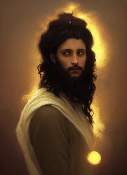 Image similar to oil painting of a handsome young man with dark hair, wearing a crown of fire!! at sunset, and a long cloak, hazy, digital art, chiaroscuro, artstation, cinematic, golden hour, digital art painting by greg rutkowski, william - adolphe bouguereau, hazy atmosphere, cinematic lighting