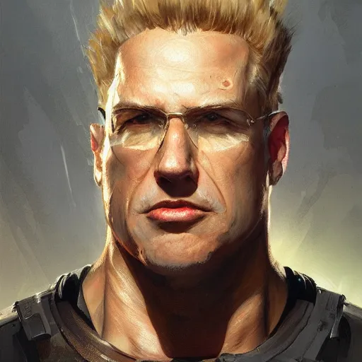 Image similar to portrait of duke nukem, backlit, painted by stanley lau, painted by greg rutkowski, painted by stanley artgerm, masterpiece, digital art, trending on artstation