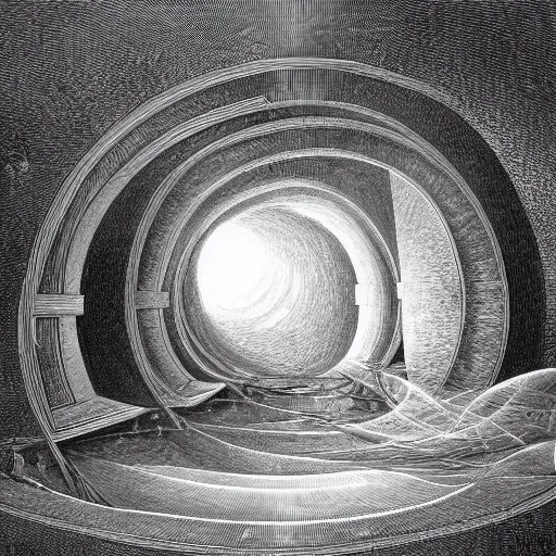 Image similar to Pop-surrealist portals to another dimension, space time imbalance, time machine, time dialtion, hyperspeed, high-quality, by Gustave Dore 4k