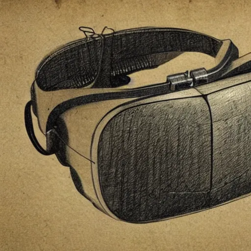 Image similar to Vintage, detailed, sketch of Oculus Rift, with full descriptions, on parchment, as depicted in Leonardo da Vinci's Codex Atlanticus