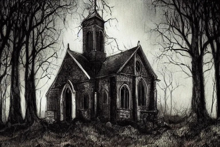 Image similar to mad horror painting of a old church in the woods by ben templesmith