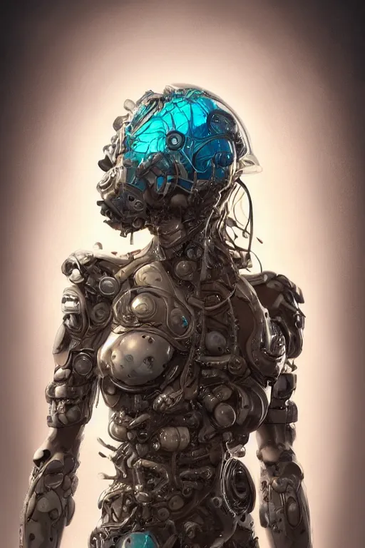 Image similar to a girl in a closed helmet in a biopunk costume consisting of swollen muscles, tendons, bones joints, protruding pistons. masterpiece 4k digital illustration by Scott M. Fischer, award winning, Artstation, Akira aesthetic, black background, intricate details, realistic, Hyperdetailed, 8k resolution