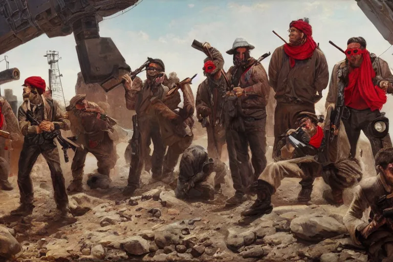 Image similar to intense dramatic still of a ragtag group of miners and factory workers with improvised weapons and firearms and red bandanas around their necks, on the surface of an asteroid, outside of a high tech scifi industrial building, oil painting by charles frederic ulrich, pablo olivera, normal rockwell, greg rutkowski, trending on artstation, incredible detail