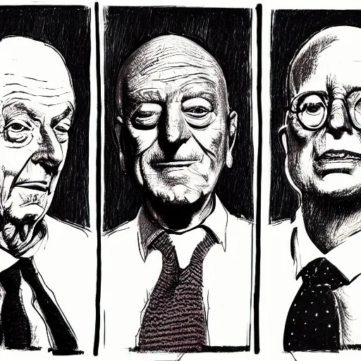 Prompt: Jacob Rothschild and george soros and Klaus Schwab by Ralph Steadman illustration dollar bills, body horror, evil, scribbles biopunk, 8k , trending on artstation