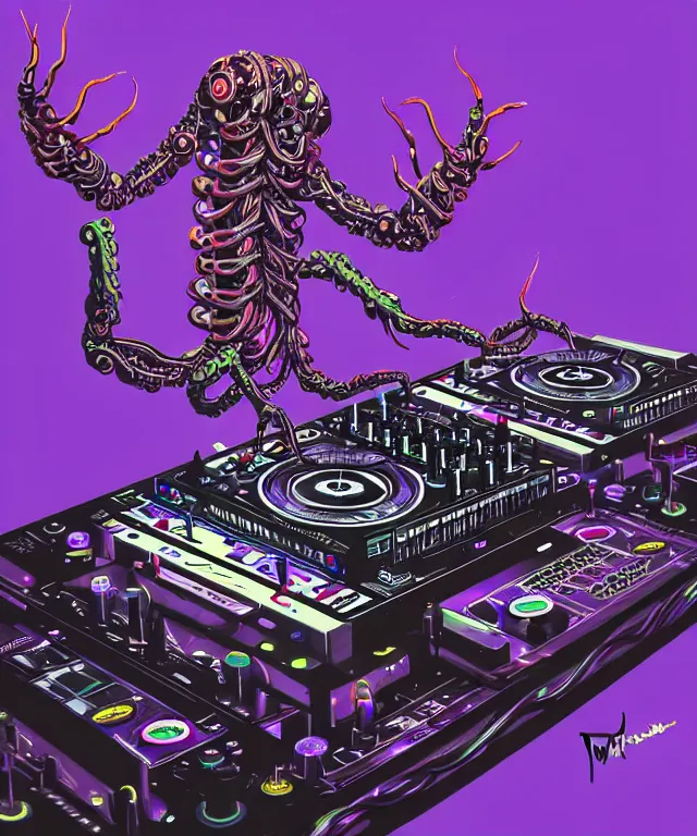 Image similar to a DJ with 8 arms, plays on 8 vinyl turntables at once, technics, Turntablist, hip-hop, rave, sci-fi, fire eyes, face, blue and purple hair, intricate, elegant, highly detailed, RayTracing, digital painting, artstation, concept art, smooth, sharp focus, illustration, art by artgerm and greg rutkowski and alphonse mucha
