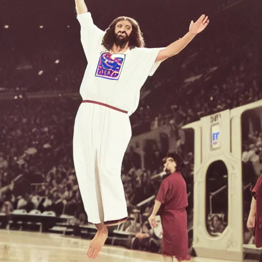 Image similar to Jesus wearing robes dunks a basketball