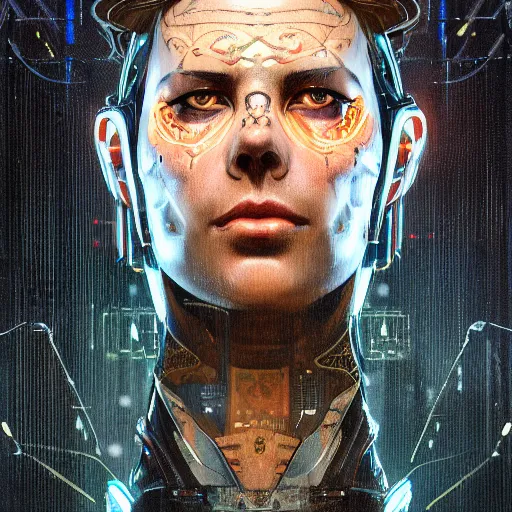 Image similar to portrait of a man with face tattoos, sci - fi, cyberpunk, blade runner, glowing lights, tech, biotech, techwear, intricate, elegant, highly detailed, digital painting, artstation, concept art, smooth, sharp focus, illustration, art by artgerm and greg rutkowski and alphonse mucha