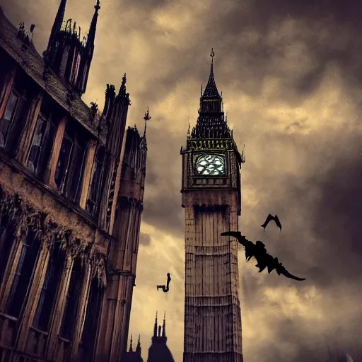 Image similar to A witch flying high in the sky above the tall buildings,the Big Ben is in background, top down perspective,gloomy lighting,creepy atmosphere,digital art , highly detailed , high contrast, beautiful lighting, award winning , trending on art station, 8k, photo realistic