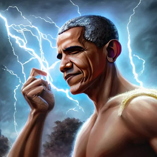 Image similar to obama as the greek god of lightning, highly detailed, by artgerm and greg rutkowski