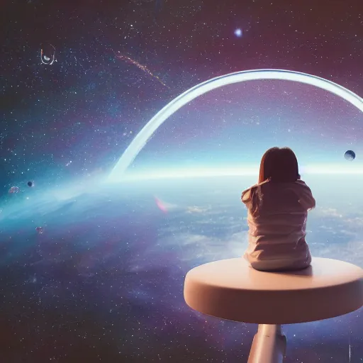 Prompt: a girl sitting in the command chair of her spaceship looking out across her wide view of the universe, 8k photography
