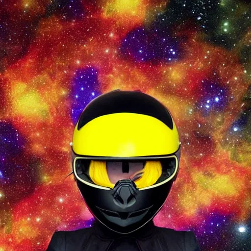 Prompt: ! dream black suit catgirl yellow motorcycle helmet, floating through galaxy colorful swirling stars, celty sturluson