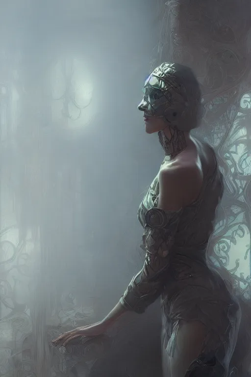 Prompt: woman with metal skin, fog, volumetric lighting, intricate, elegant, highly detailed, digital painting, artstation, concept art, smooth, sharp focus, art nouveau, art by raymond swanland and alphonse mucha