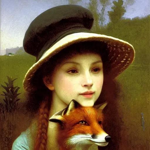 Image similar to A portrait of a fox wearing a hat full of dandelions, by Robert Cleminson and William-Adolphe Bouguereau