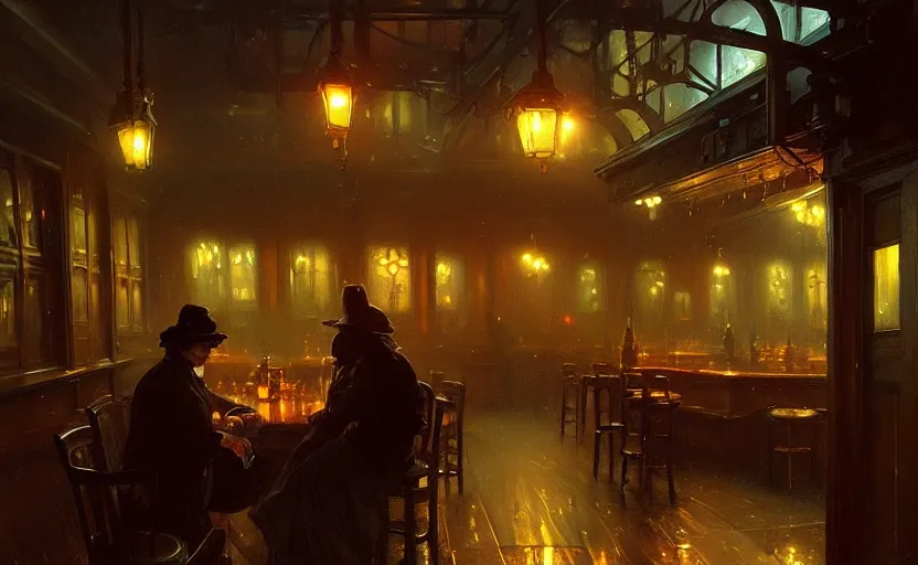 Prompt: a victorian tavern with rainy and moody cinematic lighting by darek zabrocki and greg ruthkowski, alphonse mucha, simon stalenhag and cinematic and atmospheric, concept art, artstation, trending on artstation